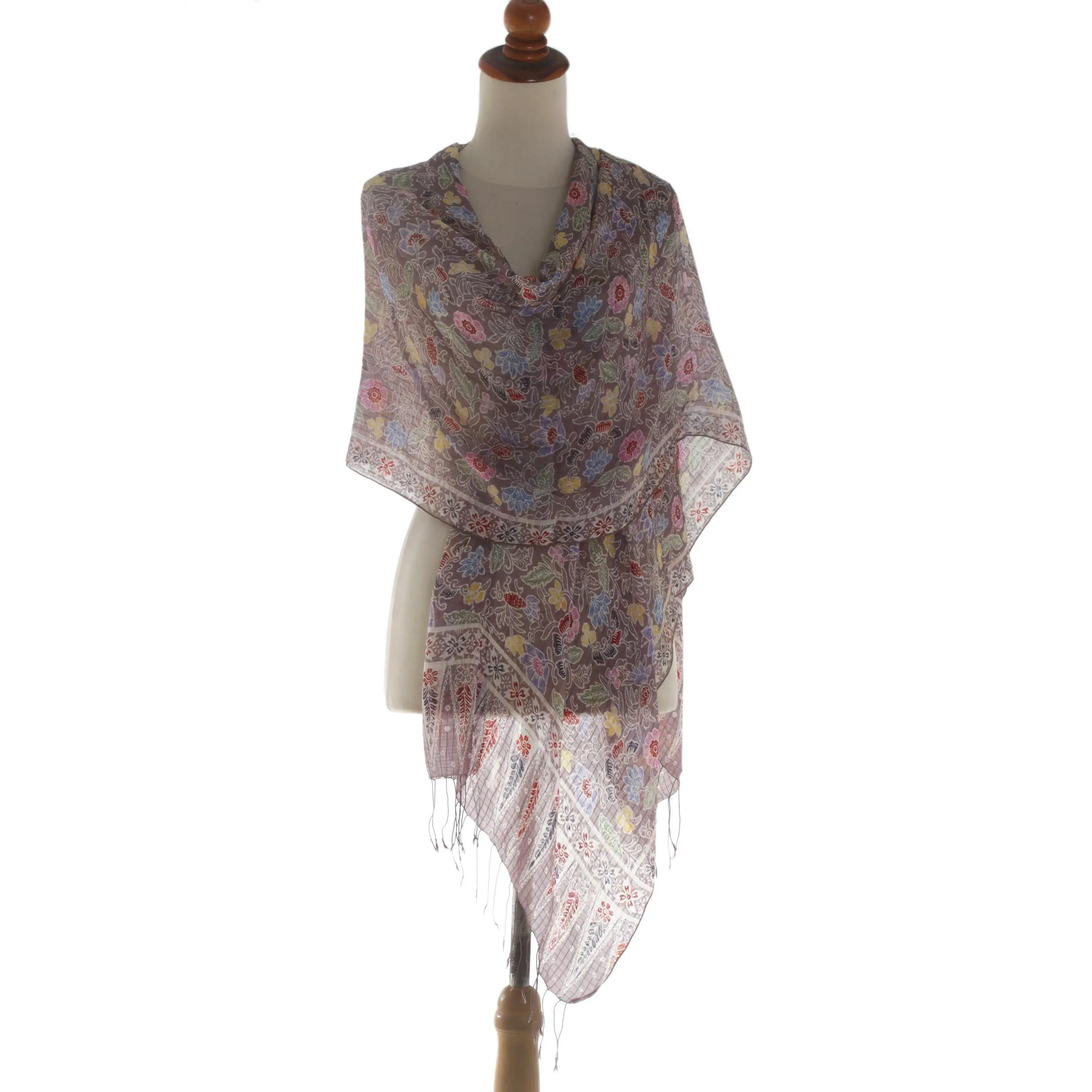 Novica Artisan Handmade Silk Batik Shawl Floral Wrap Brown Multicolor Indonesia Accessories Patterned Cognac 'Euphoria'