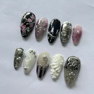 Gothic Silver Chrome Stiletto Nails, Baroque Victorian Art, Dark Romantic Press Ons