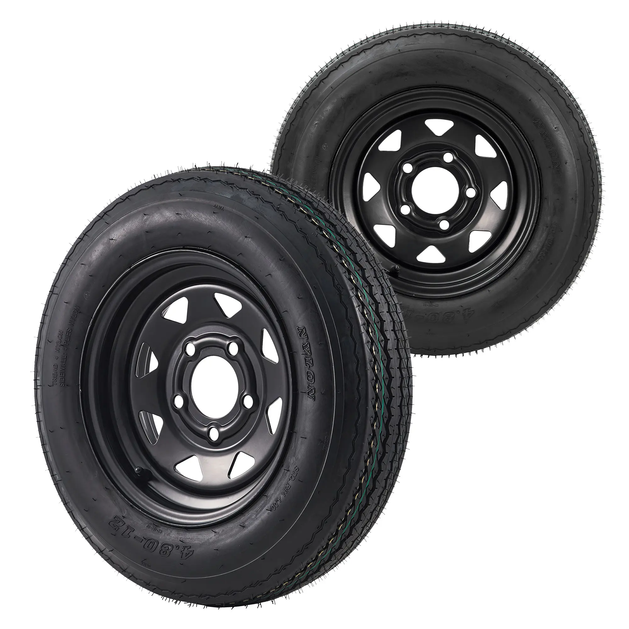 A set of 2 4.80-12 trailer tires with 12 inch wheels -5 lugs on a 4.5-inch bolt design - load range C 6PR - ideal for lawn mowers, tractors, and marine trailers - a heavy-duty alternative to 4.80x12 and 480-12 tires