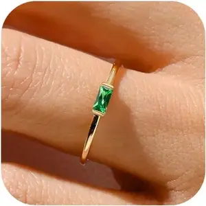 Birthstone Stackable Ring for Women, Non-Tarnish 14K Gold Plated with Baguette CZ & Emerald Green Gemstone – Dainty Personalized Gift for Birthday, Size 4-10