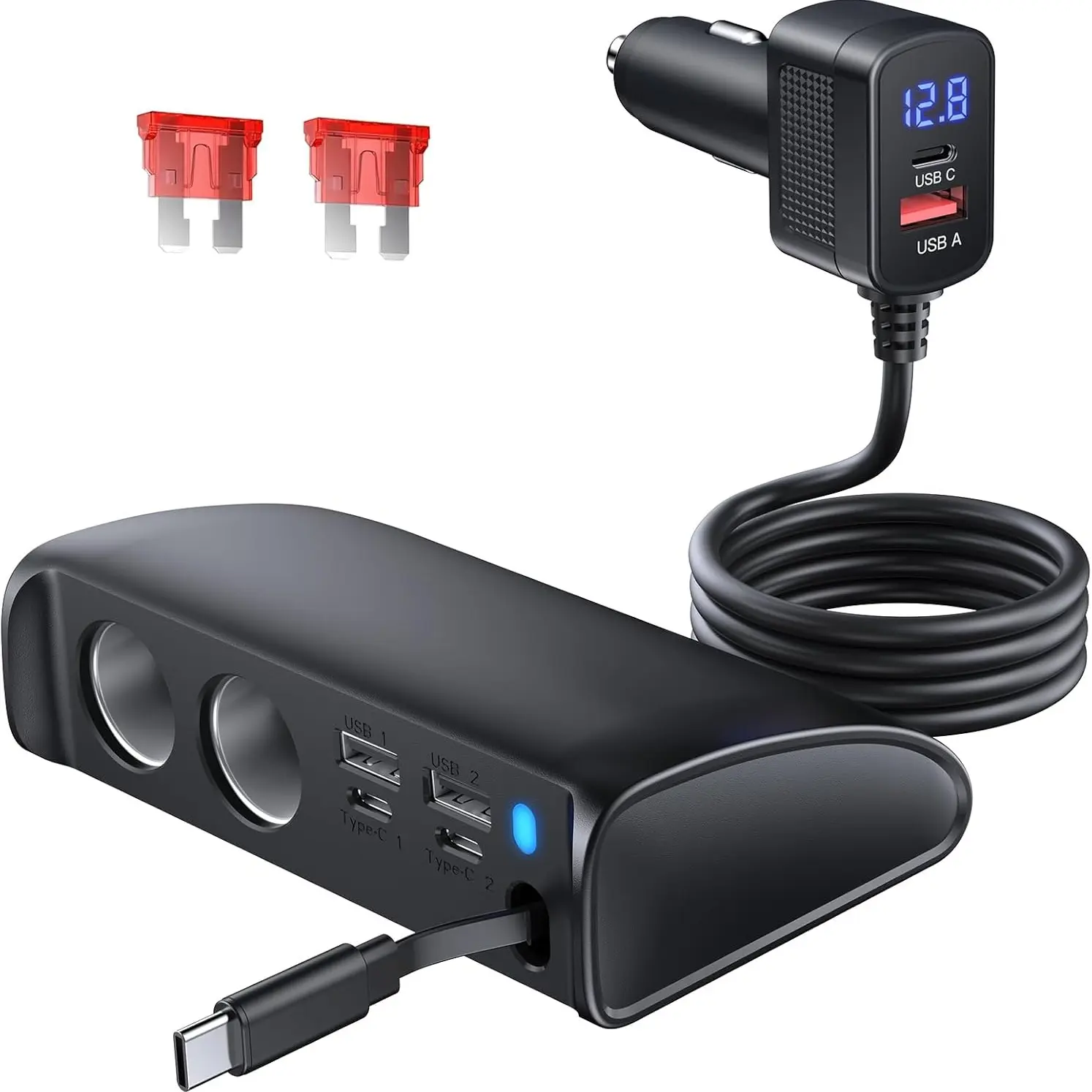 AXVIV 148W Retractable Car Charger Adapter – 6 USB Ports & Dual Cigarette Lighter Splitter with PD 3.0 & QC 3.0 Fast Charging, 70cm Retractable Type-C Cable, Digital Voltage Display, 12V/24V Power Plug for Car, SUV, Truck