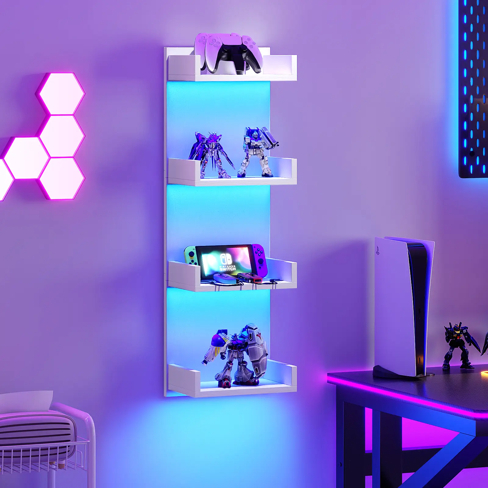 HOOBRO Floating Wall Shelves with LED Lights, 4-Tier Floating Shelf Wall Mounted for Storage, Vertical Display Stand, Modern Column Rack, for Bedroom, Living Room, Hallway, White Decor Organizing Item #SummerVibes