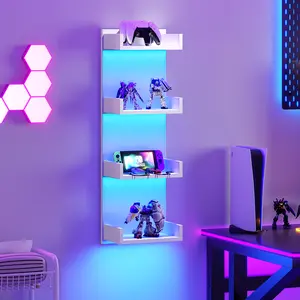 HOOBRO Floating Wall Shelves with LED Lights, 4-Tier Floating Shelf Wall Mounted for Storage, Vertical Display Stand, Modern Column Rack, for Bedroom, Living Room, Hallway, White Decor Organizing Item