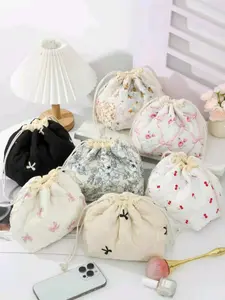 Floral Pattern DrawstringMakeup Bag, Multifunctional CosmeticStorage Bag, Travel Essential Makeup Bag,Cute Drawstring Bag