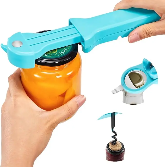 Jar Opener for Seniors with Arthritis, 7 in 1 Bottle Opener and Wine Corkscrew, Easy Grip Kitchen Gadget for Weak Hands Elderly, Retractable Jaw Lid Opener with Magnetic Storage (Teal) Utensils