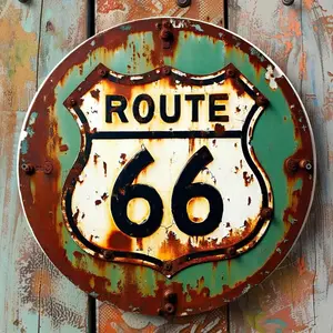 Vintage Route 66 Metal Wall Sign| 8x8 Inch Retro Road Trip Decor| Adventure-Themed Plaque for Garage, Bar & Cafe| Rustic Scenic Art with Pre-Drilled Holes, Easy to Hang