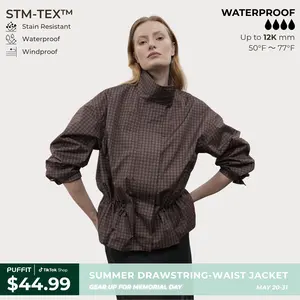 PUFFIT Effortless Style Mid-Length High Neck Convertible Collar Summer Jacket With Inner Drawstring Waist,Breathable Eyelets & Multi-Pocket Design,Stain-Resistant Windproof Outerwear,Outdoor,Sport,School Running,Football Mum,Spring Summer Jacket