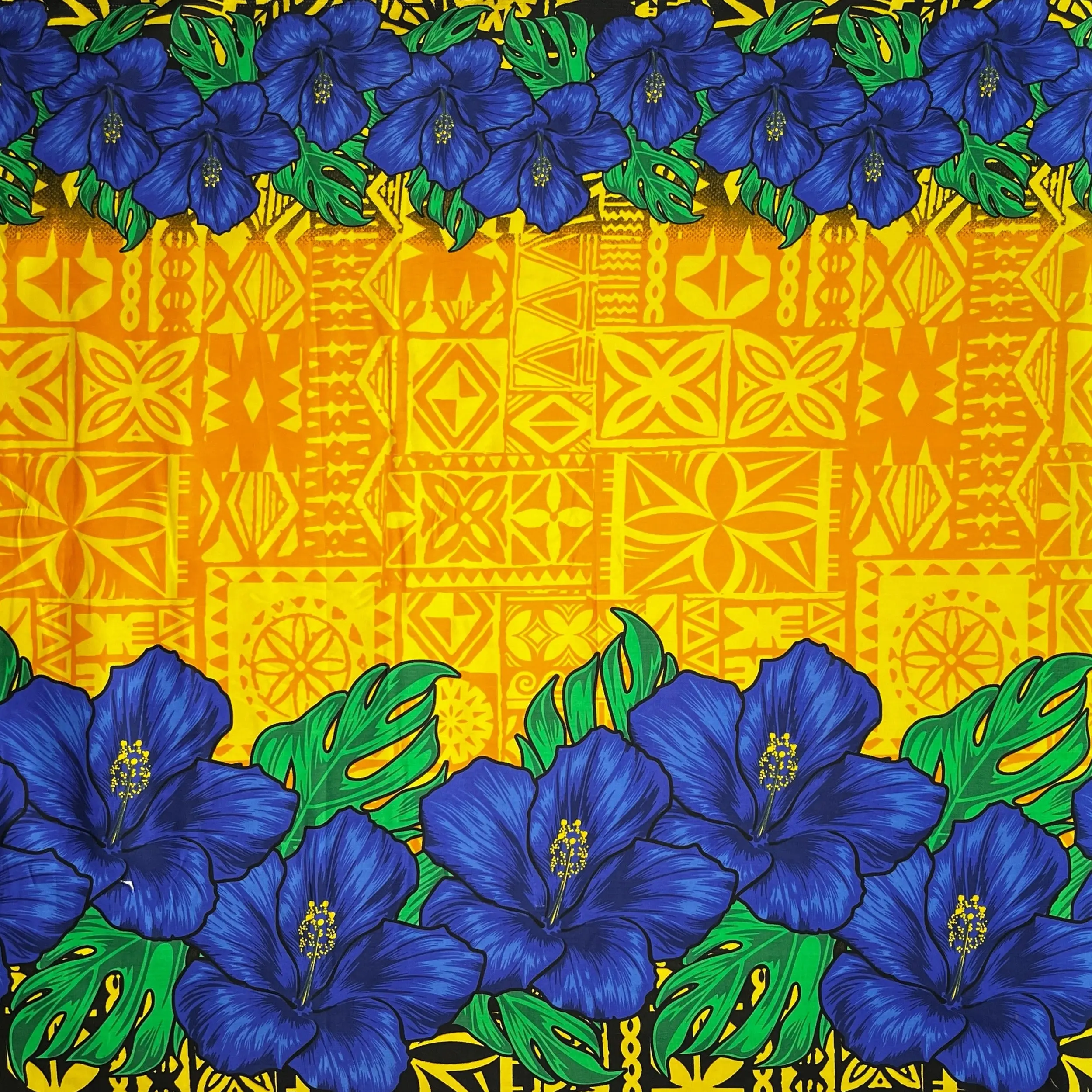 Cotton Poplin Fabric with Double Borders, Hibiscus Leaves & Colorful Flowers Pattern - Islands Textile, Continuous Piece for Sewing, Tropical Look Soft Furnishings Material, Floral Borders