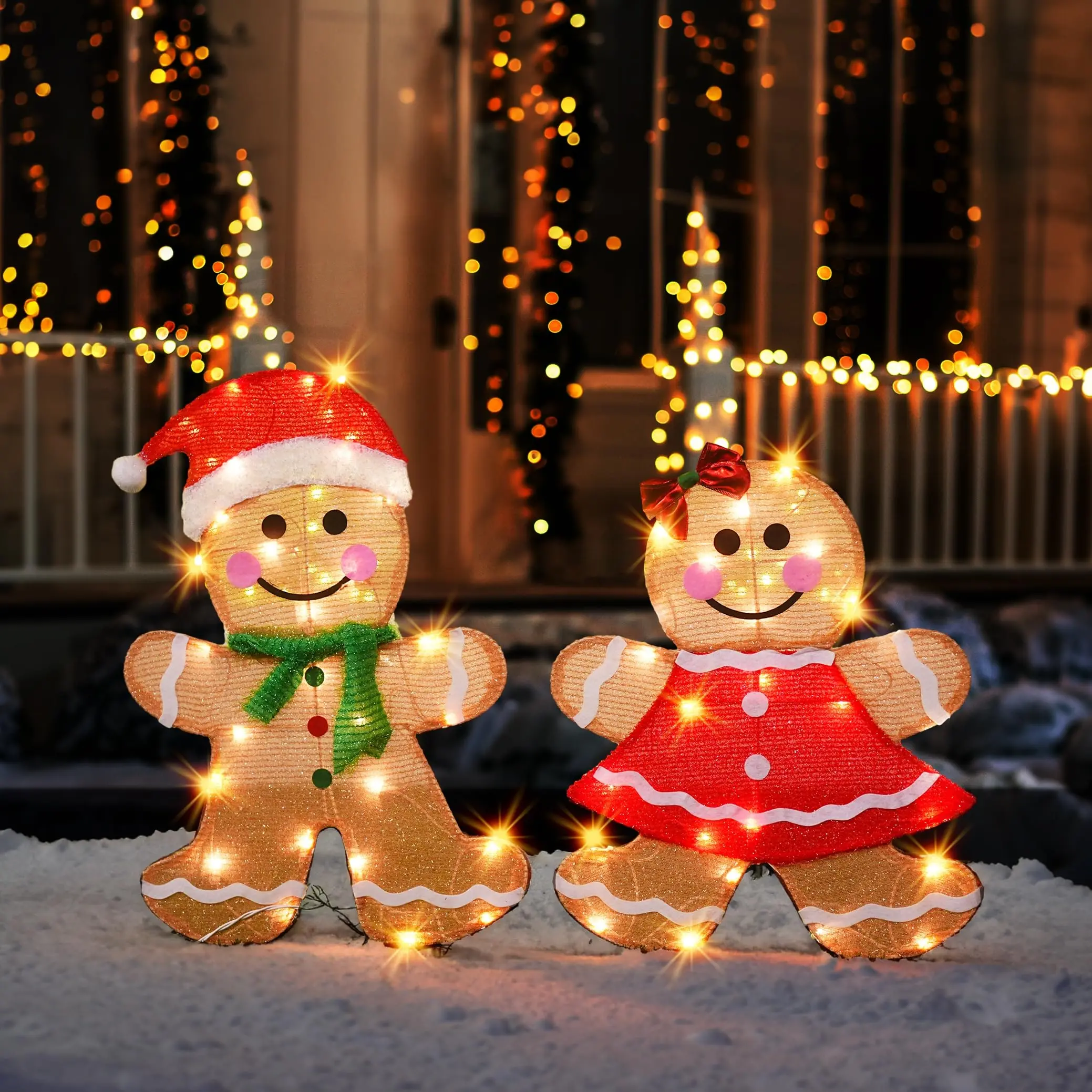 2-Pack Christmas Light-Up Gingerbread Men, with Red Hat Green Scarf & Bow Tie Skirt Styles, Foldable Metal Frame Indoor/Outdoor Yard Decorative Lights for Porch Window Sill Xmas Tree Holiday Party Display (Battery Powered - Batteries Not Included)