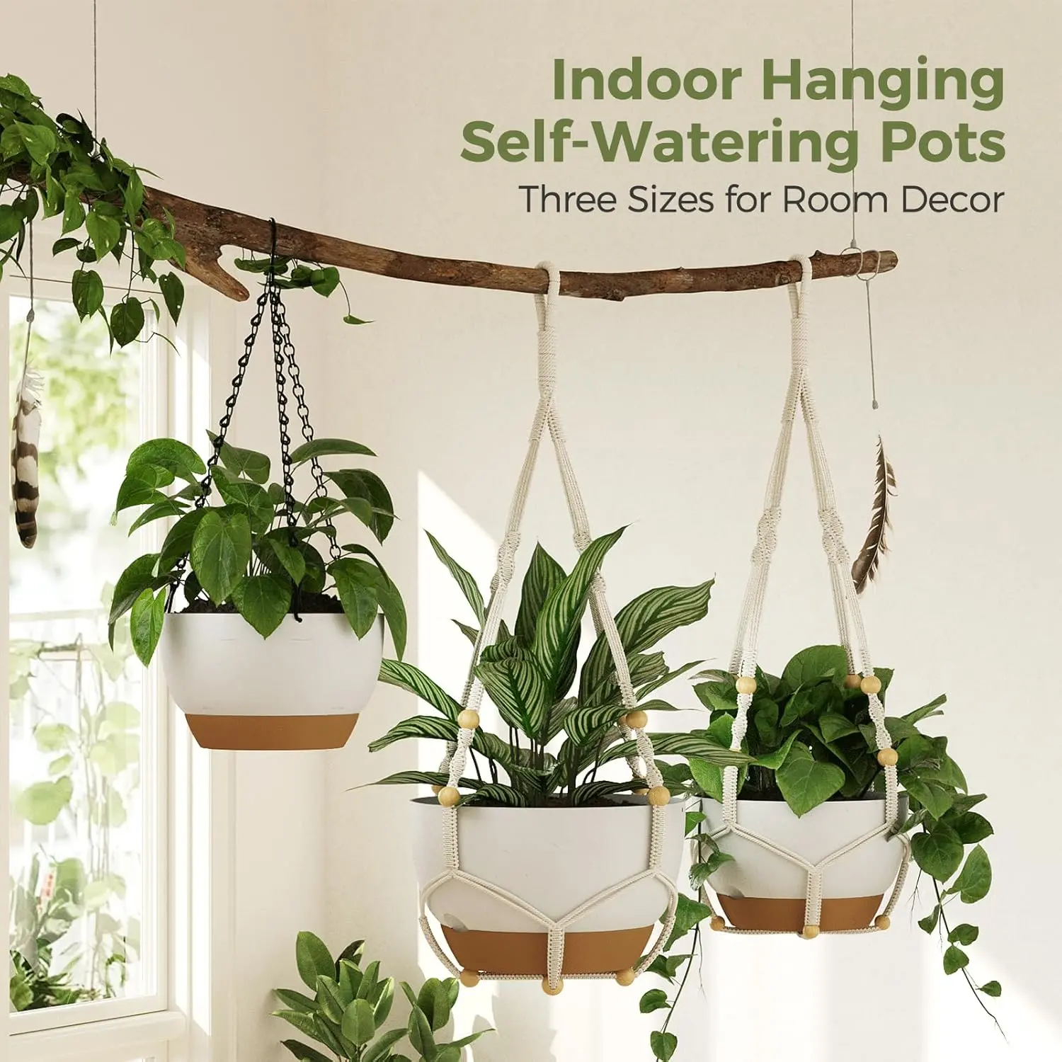 Bamworld 3-Pack White Macrame Plant Hangers with Chain - Self-Watering Nursery Pots (11/9/8 in) with Drainage Holes, Removable Saucer, Ideal for Modern Home Decor, Indoor/Outdoor Plant Decor 3-Pack Floating Set