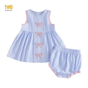 Toddler Baby Girl Summer Cute Outfit Bow Embroidered Striped Sleeveless Ruffle Tops And Shorts 2 Piece Set