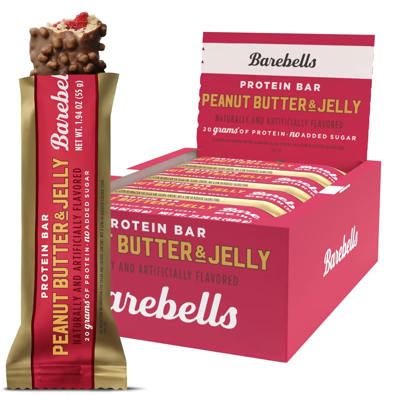 Barebells Protein Bar Peanut Butter & Jelly – 12 Count (Pack of 2), 20g Protein, 0g added sugar, High Protein Snack, Soft Texture – 1.94 oz (55g)