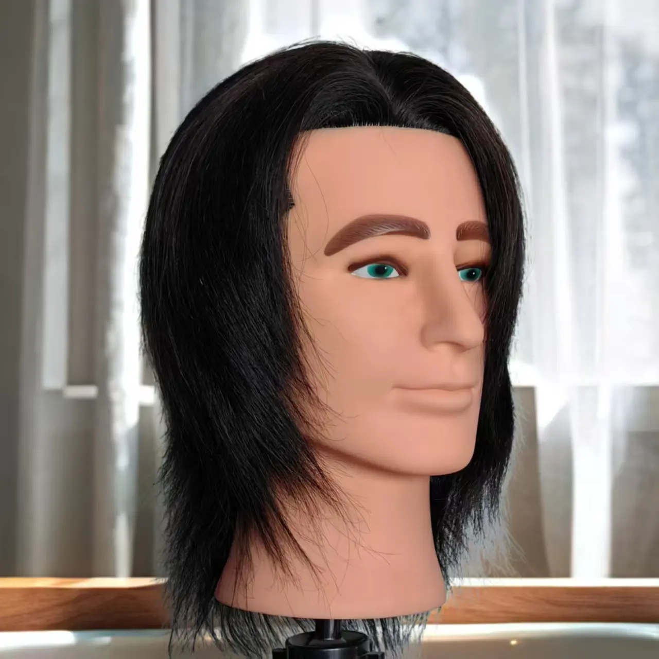 8 Inch 100% Human Hair Male Mannequin Head for Hairdresser Stylist & Beauty School Student Practice, Beauty Styling Training Doll Head with Free Desktop Small Stand, Black Barber Tape Wig Accessory