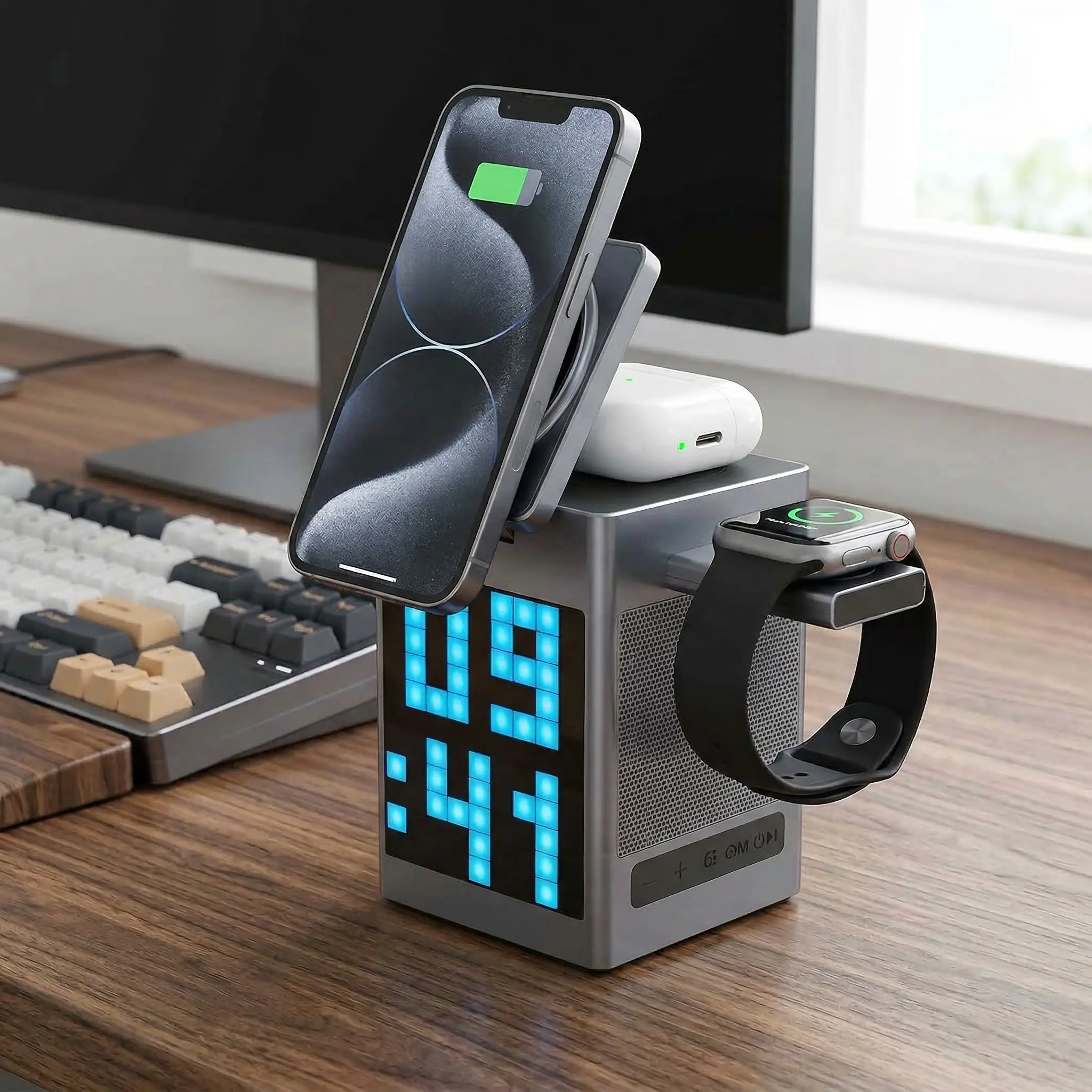 6-in-1 Wireless Charging Station with Wireless Speaker, Digital Alarm Clock, Pixel Display for iPhone 17/16/15, Apple Watch, AirPods, Fast Charging, Compact Desk Organizer#SummerWins#BackToSchoolDeal