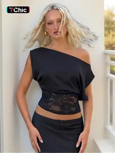 Women's Contrast Lace Floral Sleeveless T-shirt Top, Solid Color Sheer One Shoulder Asymmetrical Neck Pullover Loose Fit Crop Tank Top, Casual Boho Fashion, Party Daily Casual Tops For Ladies Summer Fashion