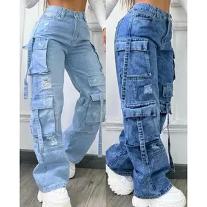 NewWomen's Denim Pants Fashionable Solid Color All-Matching Multi-Pocket Slacks Women's plus High Wai Denim Blue
