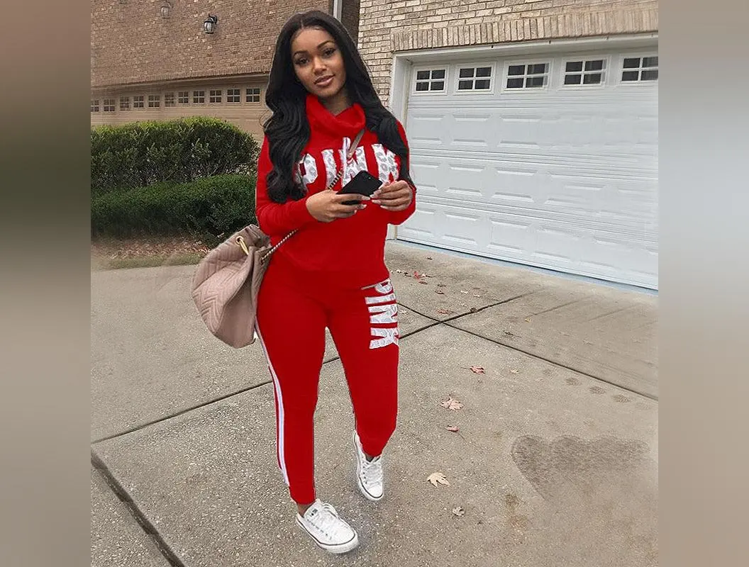 Plus Size Tracksuit Women 2 Piece Set Casual Outfit Pink Letter Print Turtleneck Hoodies Sweatshirt Pants Suit Street Sweat Suit