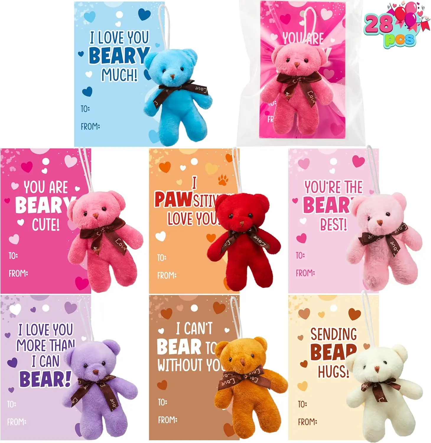 JOYIN 28pcs/24pcs Valentine's Day Gift Cards with Mini Bears Plush Toy Party Favors, Mini Stuffed Animal Plush Toys for Valentines Day Gifts, Kids Classroom School Exchange Prize bingo Bear with Bags and Cards
