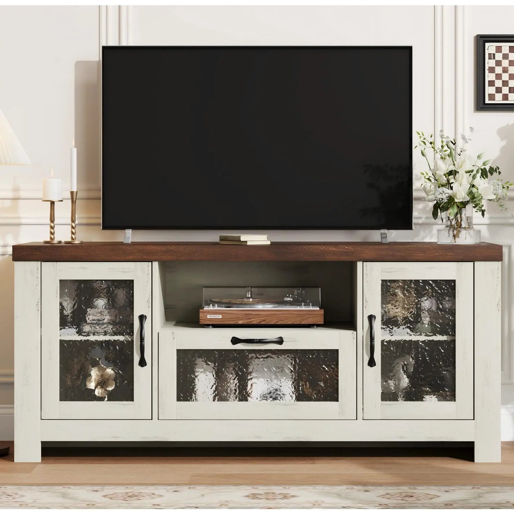 Garvee Farmhouse Entertainment Center for 65 Inch Screens with Acrylic Door, Adjustable Shelves, and Sideboard Buffet Storage Cabinet in White and Brown for Living Room or Bedroom