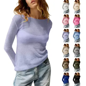 Beotyshow Womens Trendy Summer Fall See Through Shirt Boat Neck Long Sleeve Knit Casual Blouse Tops