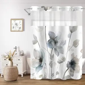 No Hook Shower Curtain and Liner Set, Blue and Grey Boho Floral Shower Curtains for Bathroom, Watercolor Flower Waterproof Bathroom Curtain Sets with Snap in Liner, 71x74 Inch