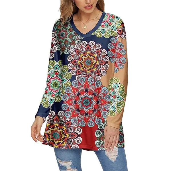 Navy & Red Mandala V-Neck Long-Sleeve Tunic Size 2X Casual Shirts Casual Shirts Spandex Womenswear