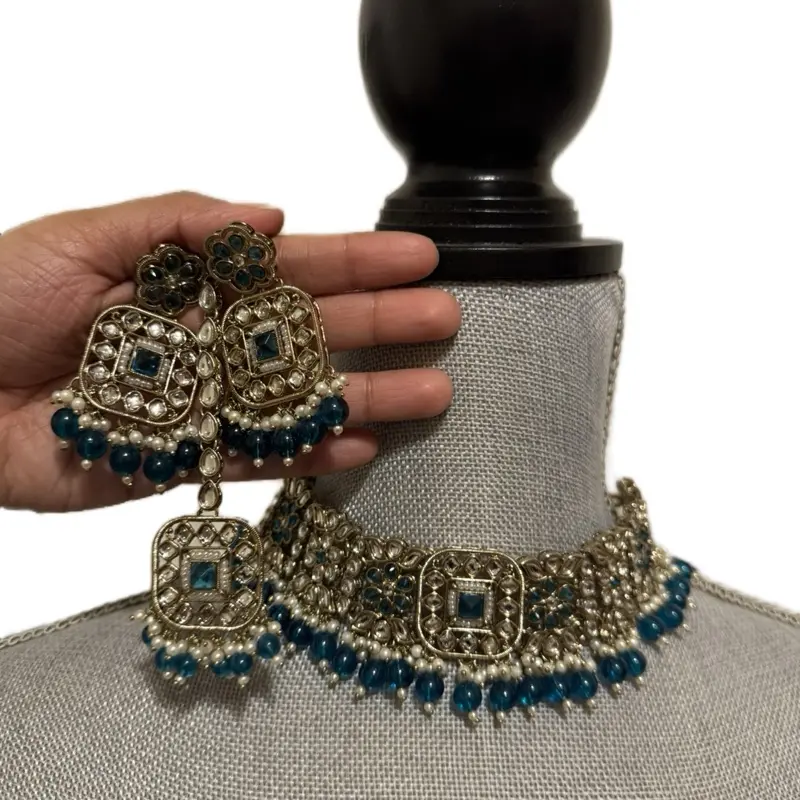 Indian Pakistani Jewelry Polki Choker Set with Tikka Earrings and Necklace for Festive Wear