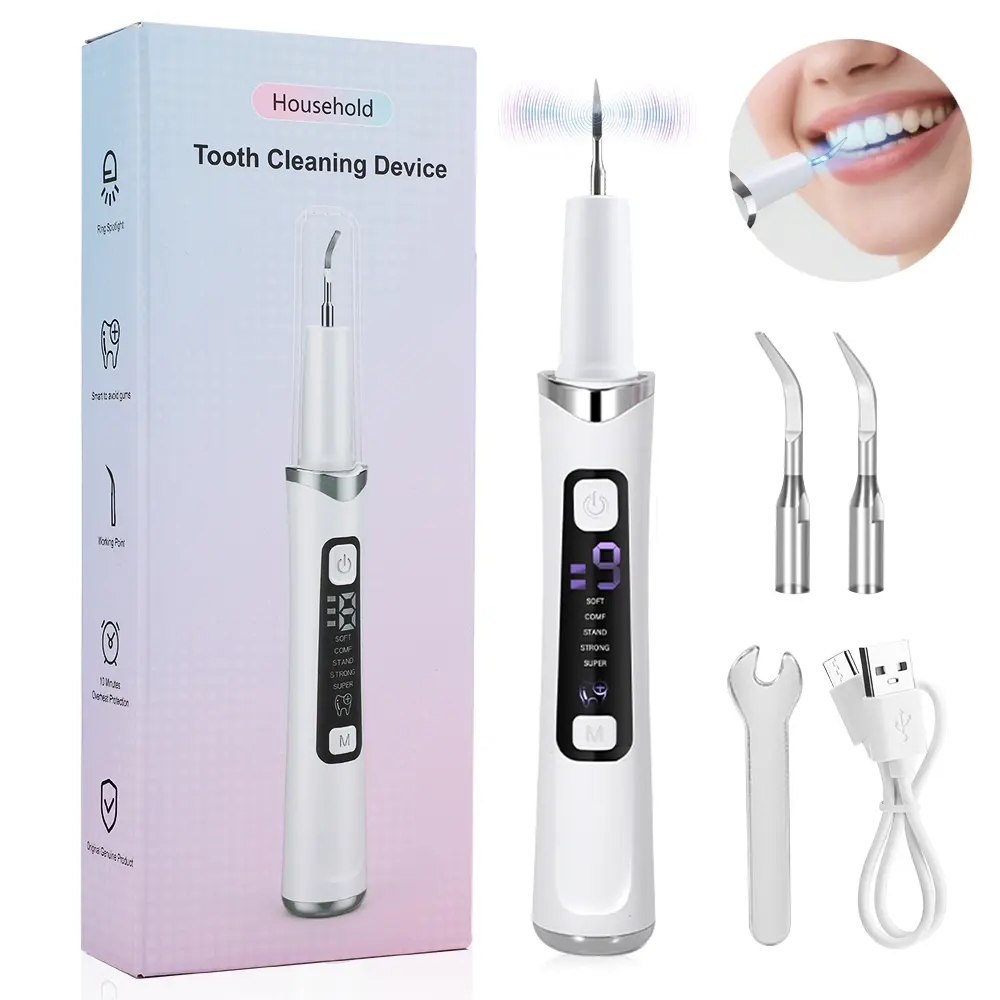 Ultrasonic Tooth Cleaner with LED Light & 5 Adjustable Modes, Household Teeth Cleaning Kit with 2 Replacement Heads, Rechargeable Oral Mouth Care Tool, Dental Plaque Remover Tool