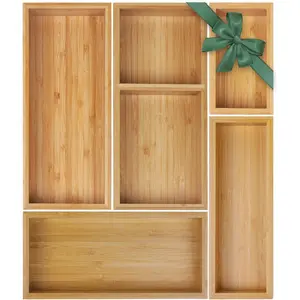 Bamboo Drawer Organizer Set, 5 PCS-Use Individual Wood Organizers, Junk Drawer Divider and Trays Containers for,, Office Desk, Makeup, Jewelry, Utensils
