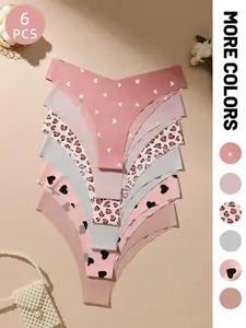 Valentine's Day Gift Set, 6-Pack Women's Seamless Panties, Heart Prints & Leopard Print, Multi-Color Triangle Thongs, Comfortable Underwear, Womenswear