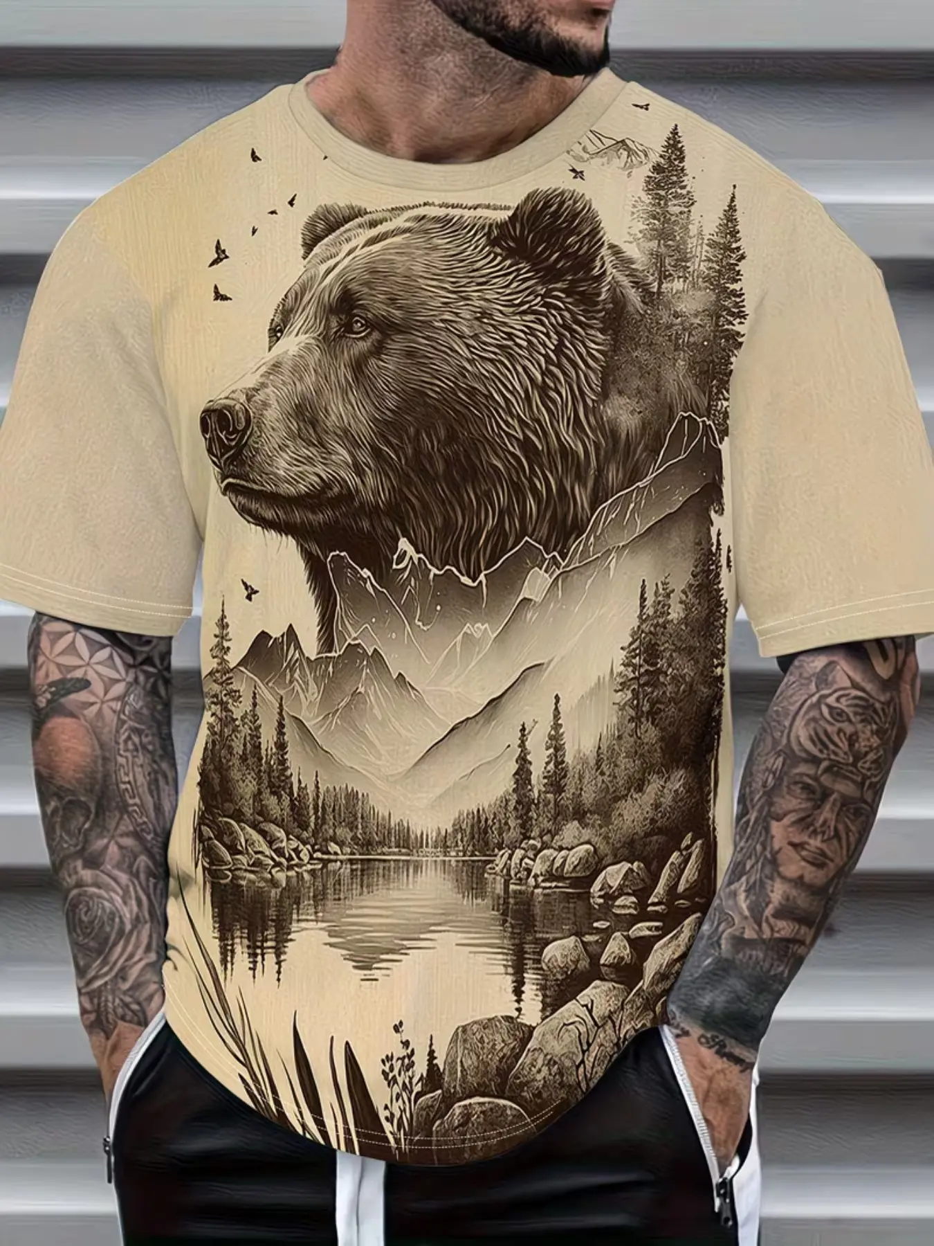 Men's Digital Print Bear Landscape Short Sleeve T-Shirt, Casual Slim-Fit Round Neck, Breathable Lightweight Outdoor Sportswear