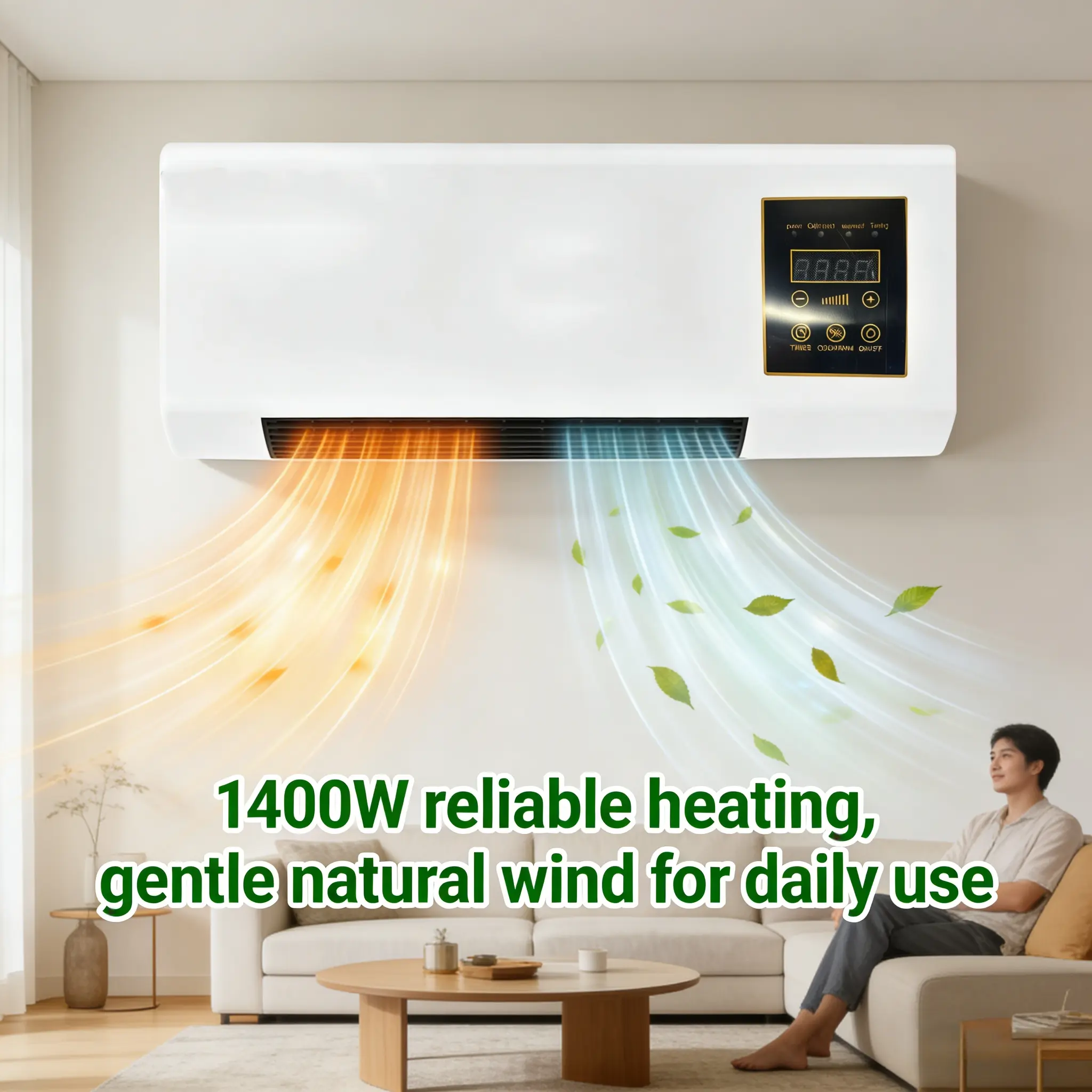 1400W Wall Mount Dual Function Heating & Gentle Natural Air Fan, Digital Control Portable Electric Space Heater for Indoor Household Bedroom Use