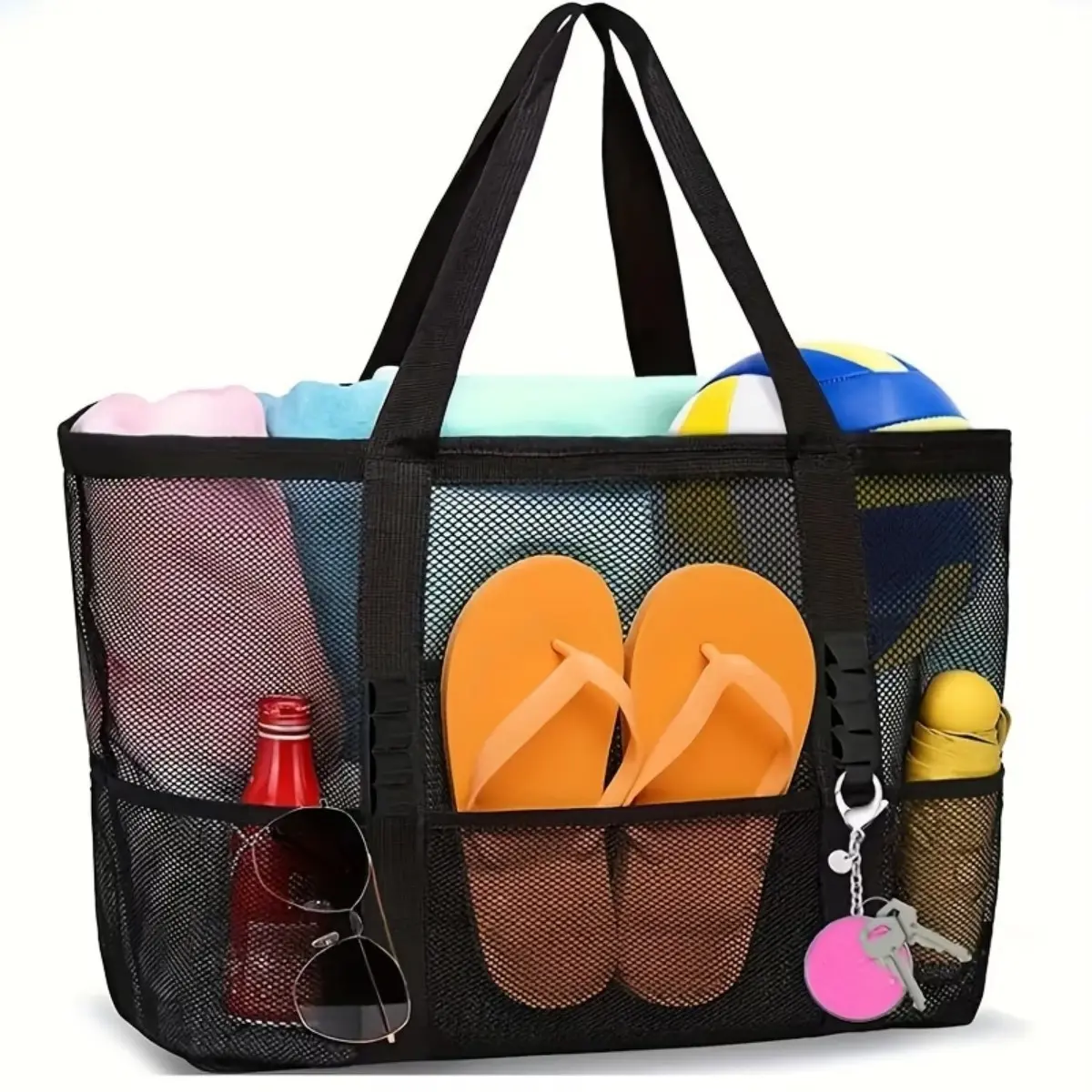 Large Capacity Mesh Beach Bag, Summer Beach Bag, Single Shoulder Handheld Bathing Fitness Swimming Bag, Foldable Zipper Grocery Travel Cosmetics Storage Bag
