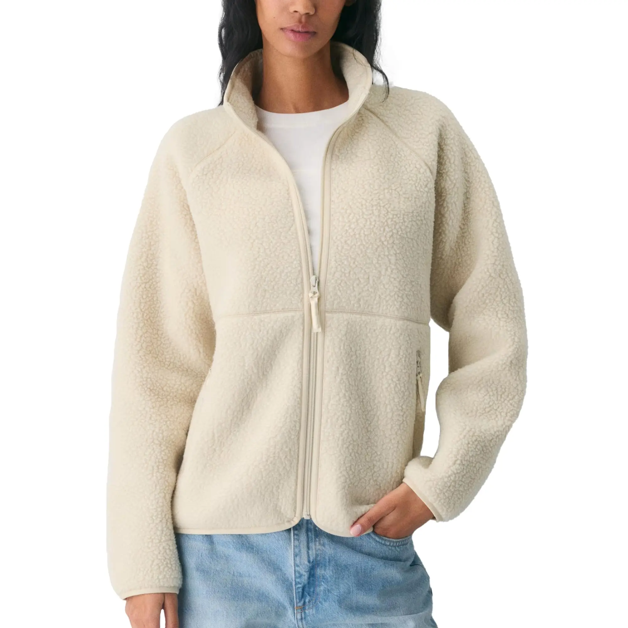Talakeno Lady's Fleece Coats, Casual Oversized Warm Sherpa Jacket, Full Zip Basic Tops with Stand Collar and Pockets, Fabric, Long Sleeve, Minimalist