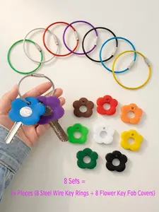 8-Set, 16-Piece Pack (8 Steel Wire Key Rings + 8 Flower-Shaped Key Covers) — Colorful, Elastic Silicone Key Covers & Identifiers with Steel Wire Rings (Flower Shape); Key Cap Colors Shipped at Random