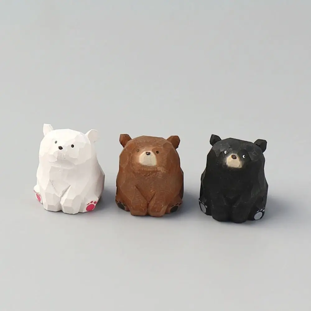 Hand Carved Wooden Bear Figurines Kids Gifts Cute Solid Wood Polar Bear Ornament Realistic Funny Mini Bear Statue Garden