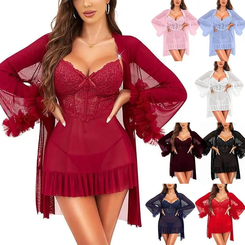 Women Robe Lingerie Set Lace V-neck Cami Dress with Transparent Mesh Night Gown Robe Nightwear Female Casual Sleepwear