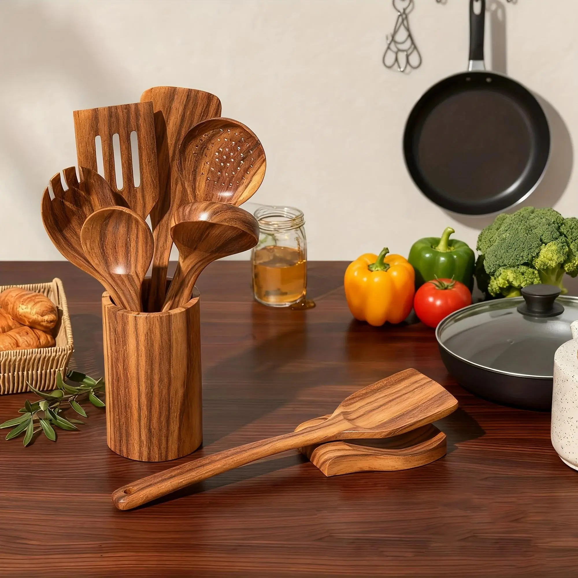 5-piece Set of High-end Wooden Kitchen Utensils - Ergonomic Handle, Natural Wooden Spoon, Stir Fry Shovel, Soup Spoon and Non Stick Pan Special Shovel, Heat-resistant and Easy To Clean, Durable Kitchen Essential Accessories kitchenware Long, Cooking Utens