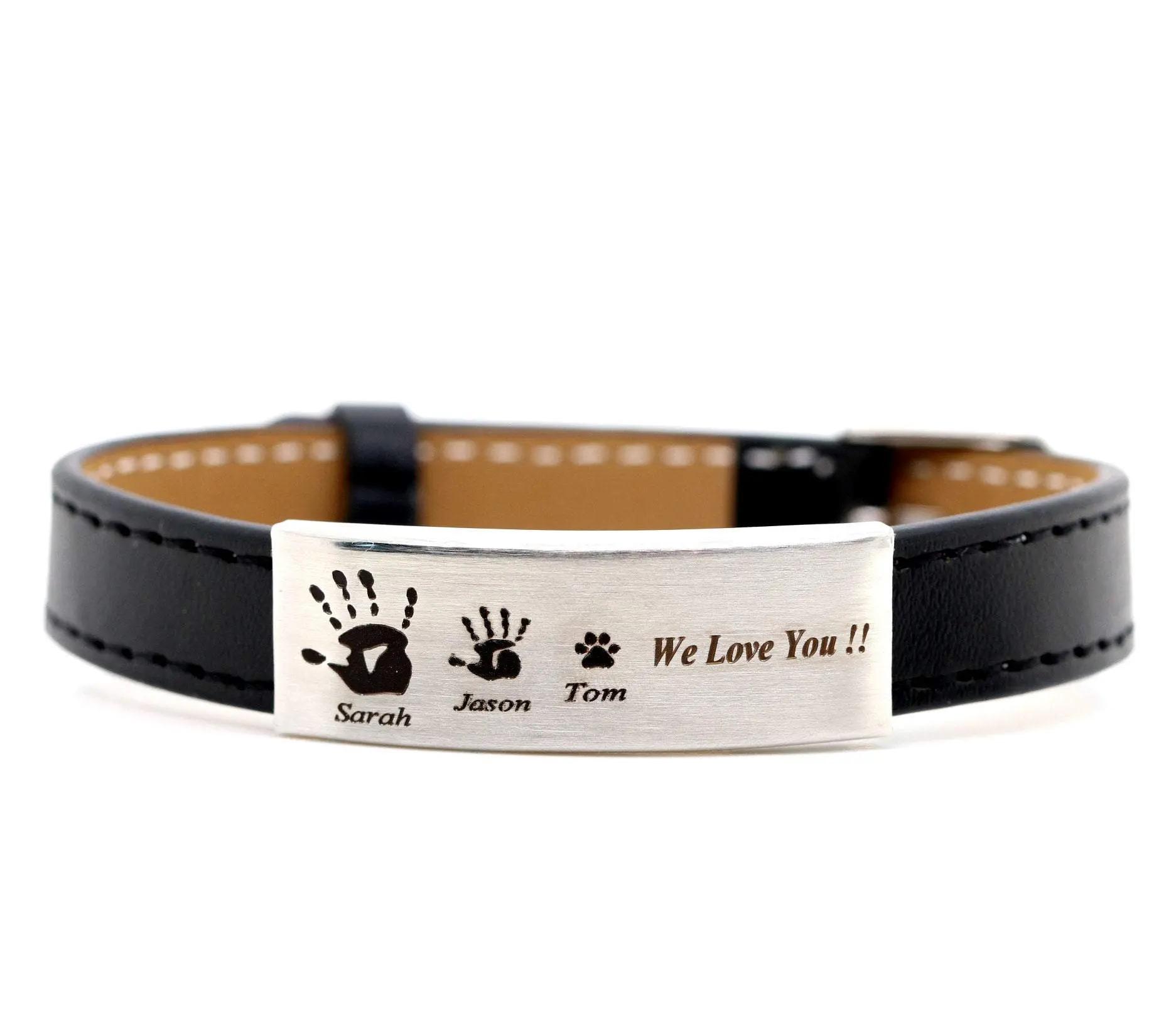 Custom Engraved Leather Bracelet Personalized Family Handprints Nameplate