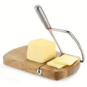Cheese Slicer, Multipurpose Acacia Wood Cheese Cutter Board, Stainless Steel Blade, Ideal for Block Cheese, Butter, Sausages, Fruits, Durable Kitchen Tool, Kitchenware, Wooden, Cutting