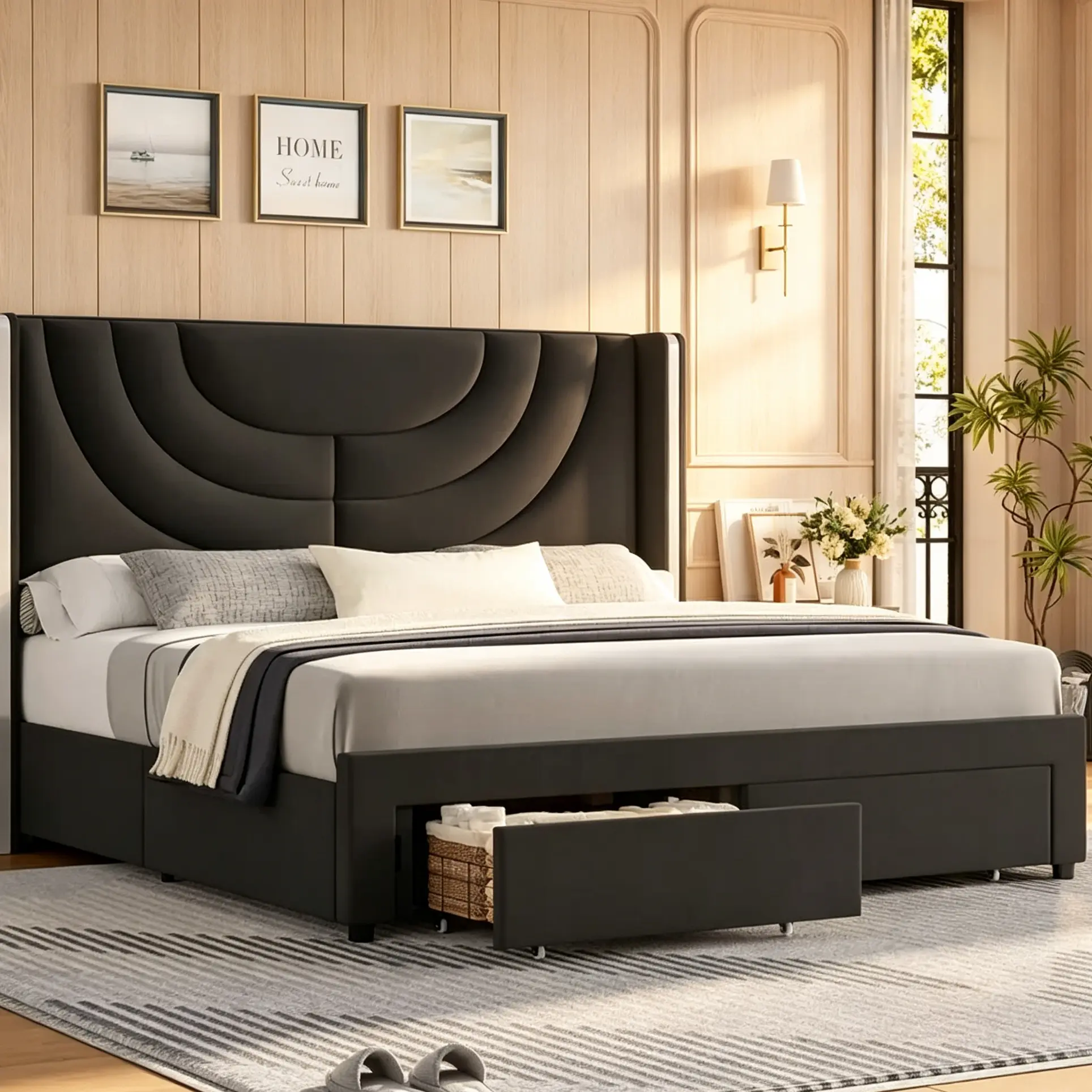 PREriun King Size Bed Frame with Storage & Headboard, Upholstered Queen or Full Size Divan Beds with Drawers & Shelves, Luxury Bed Frames- Modern Luxury Home Interior Furniture