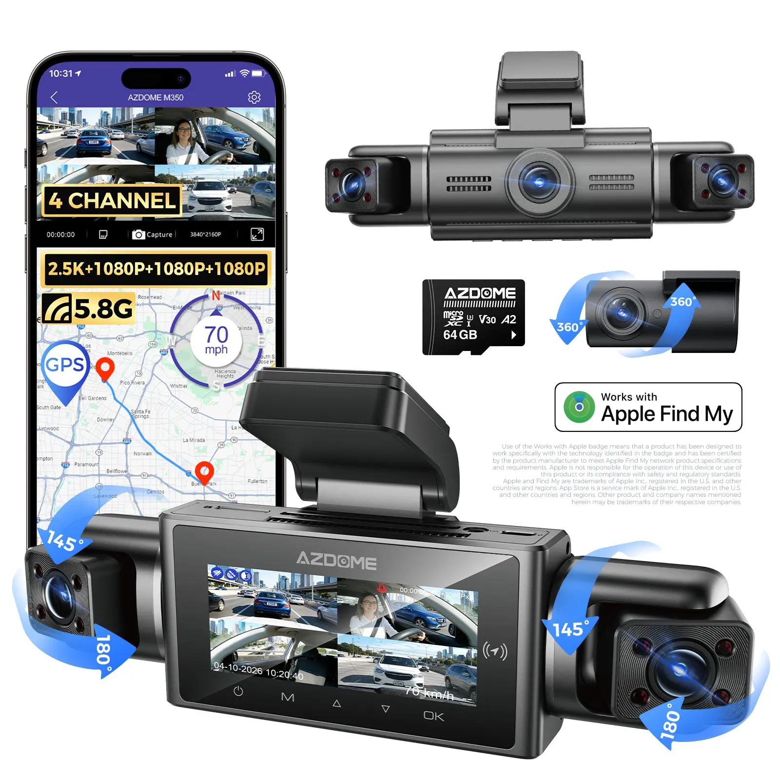 AZDOME M350 4 Channel 360 Full View Dash Cam Front 2.5K,1080P Rear Left Right Camera for Cars, IR Night Vision Built-in GPS with Find My Voice Control, 5G WiFi,Supercapacitor,24/7 Recording