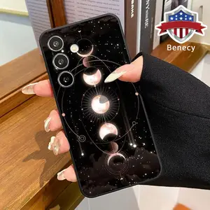 Elegant Moon Pattern Straight Edge Phone Case Compatible with Galaxy S23 Ultra S24 Plus S25 S22+ Shockproof Full Camera Protection Durable Slim Liquid Silicone Cover Smartphone Casing