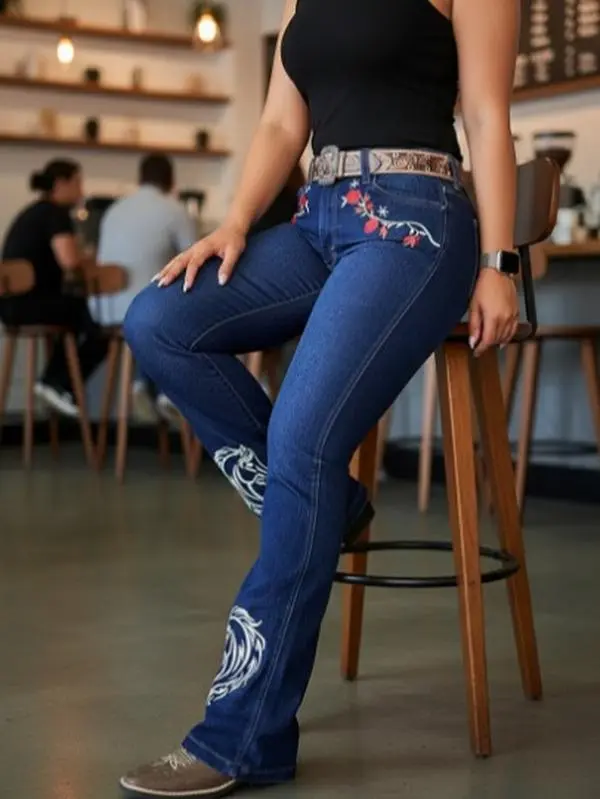 Women's High Waist Embroidered Floral Bootcut Jeans - Western Style Cotton Blend Denim, Fitted, Pocketed, All Seasons Streetwear Casual Bottoms (Sizes S-M), Western Clothes