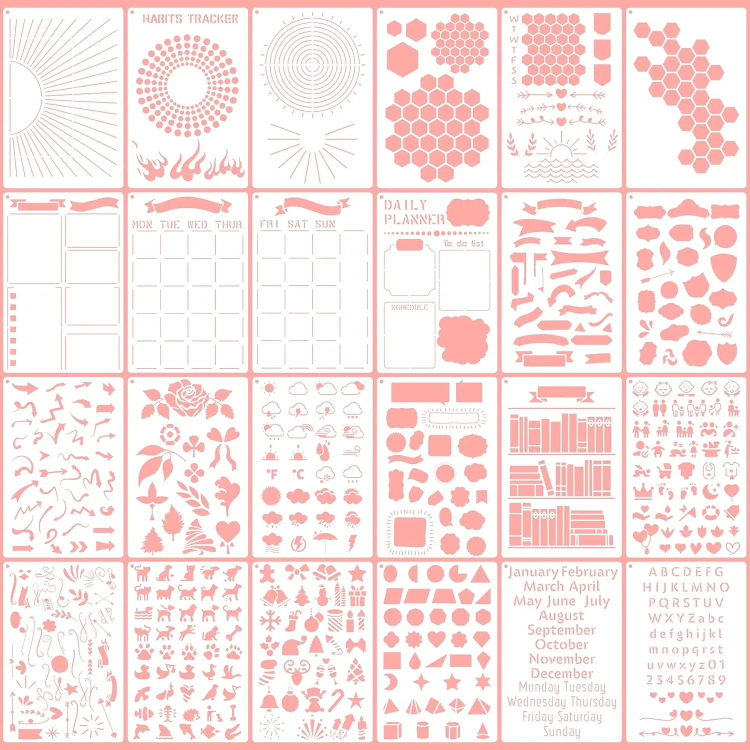 24PCS A5 Bullet Journal Stencils Set, Reusable Contemporary Planner Templates, Journaling Pattern Stamps Drawing & Lettering Aids for Notebook Layout Design & Tracking (DIY Scrapbooking Supplies)