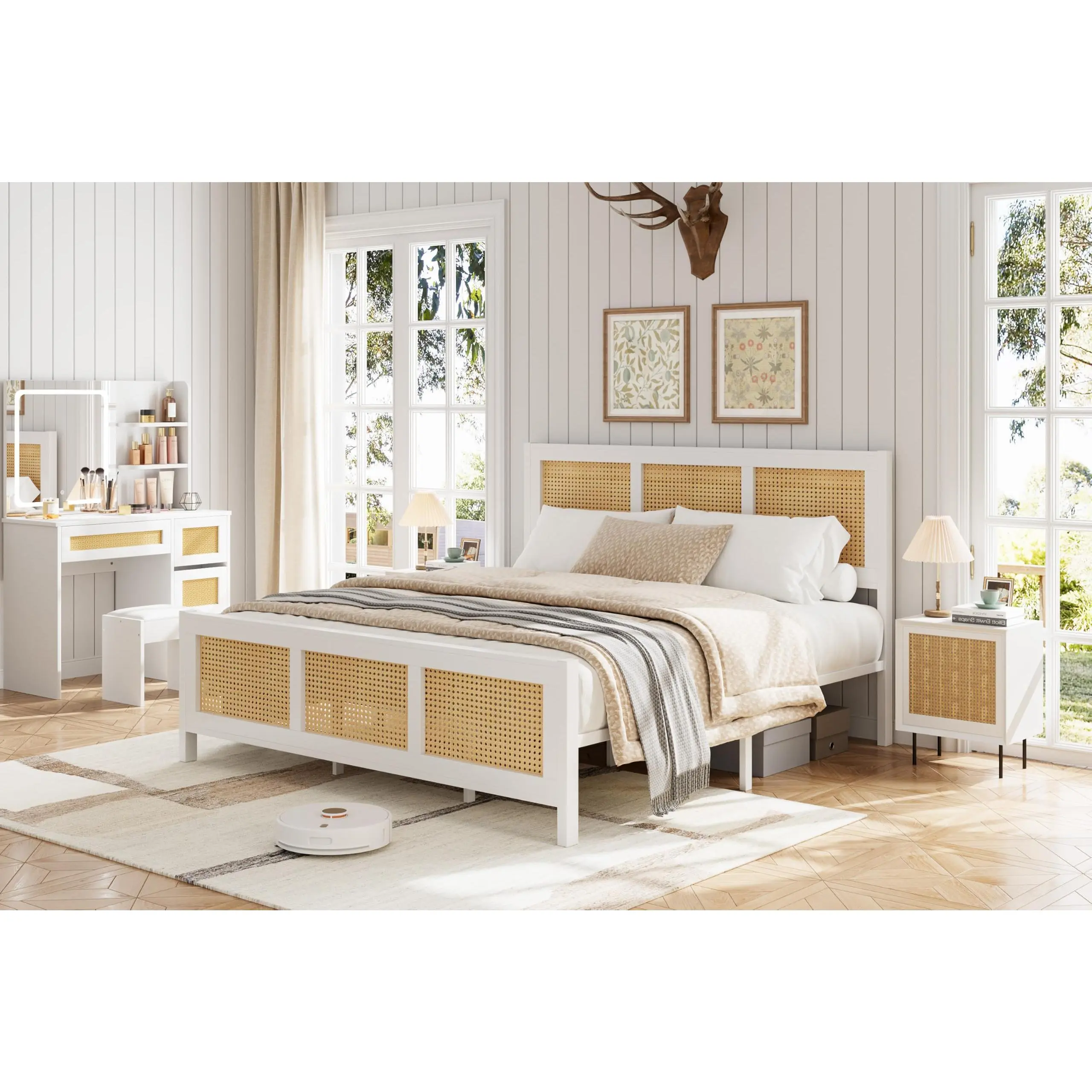 Garvee Full Size Bed Frame, Rattan Platform Bed with 7-Color LED Headboard & Adjustable Brightness, Boho Cane Bed Frame with 4 Rolling Storage Drawers, Strong Metal Slats Noise-Free, No Box Needed, White