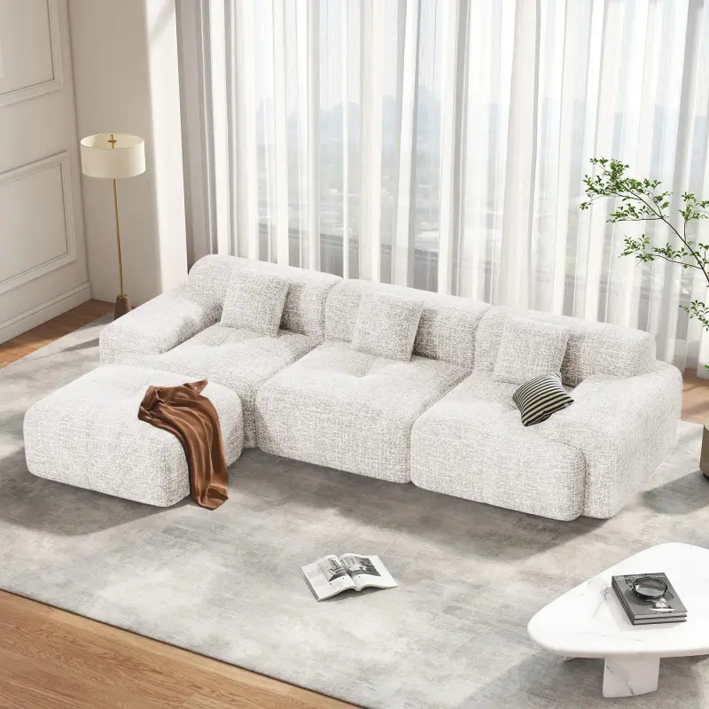 122" Modern L-Shaped Configurable Sectional Sofa Set, 4-Seater Expandable Durable Cloud-Soft Chenille Couch for Living Room with Ottoman, Convertible Boneless Couch, No Assembly Required, Expandable Sofa Sets