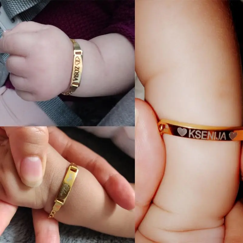 Vnox Customize Baby Name Bracelets for Girls Boys ,Custom Name Birth Date Bangle,Stainless Steel Heart Charm Bracelet  Gift