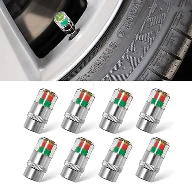 8Pcs Car Tire Pressure Monitor with Spanner Valve Stem Caps, 2.2Bar/32PSI Sensor Indicator, 3-Color Eye Alert, Tyre Pressure Tester, High-Temp Core Stability, Waterproof for Wet Weather, Fits 2.4Bar/36PSI Daily Drives, Compatible with Sedans, Trucks, SUVs