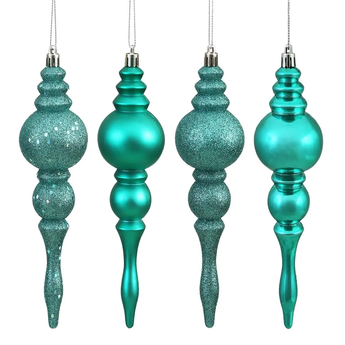 212 MAIN Teal Plastic Christmas Finial Ornament Boxed Set - 8 Pieces, 7 in., 4 Assorted Finishes, Festive Christmas Decor for Home & Party